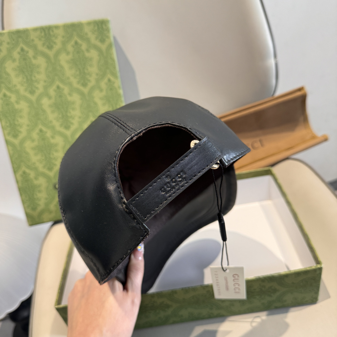 配盒子布袋，Gucci(古奇)新款原单棒球帽，皮革大双G刺绣，1:1开模订制，细节可媲美专柜，原版牛皮，