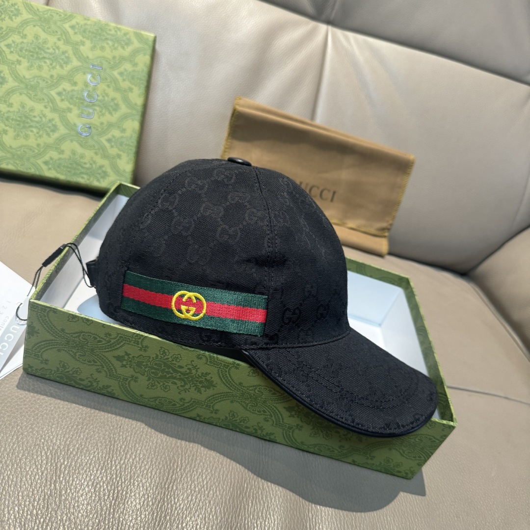 配盒子布袋，Gucci(古奇)春夏新款原单棒球帽， 双G织带，1:1开模订制，原版帆布料+头层牛皮，代购