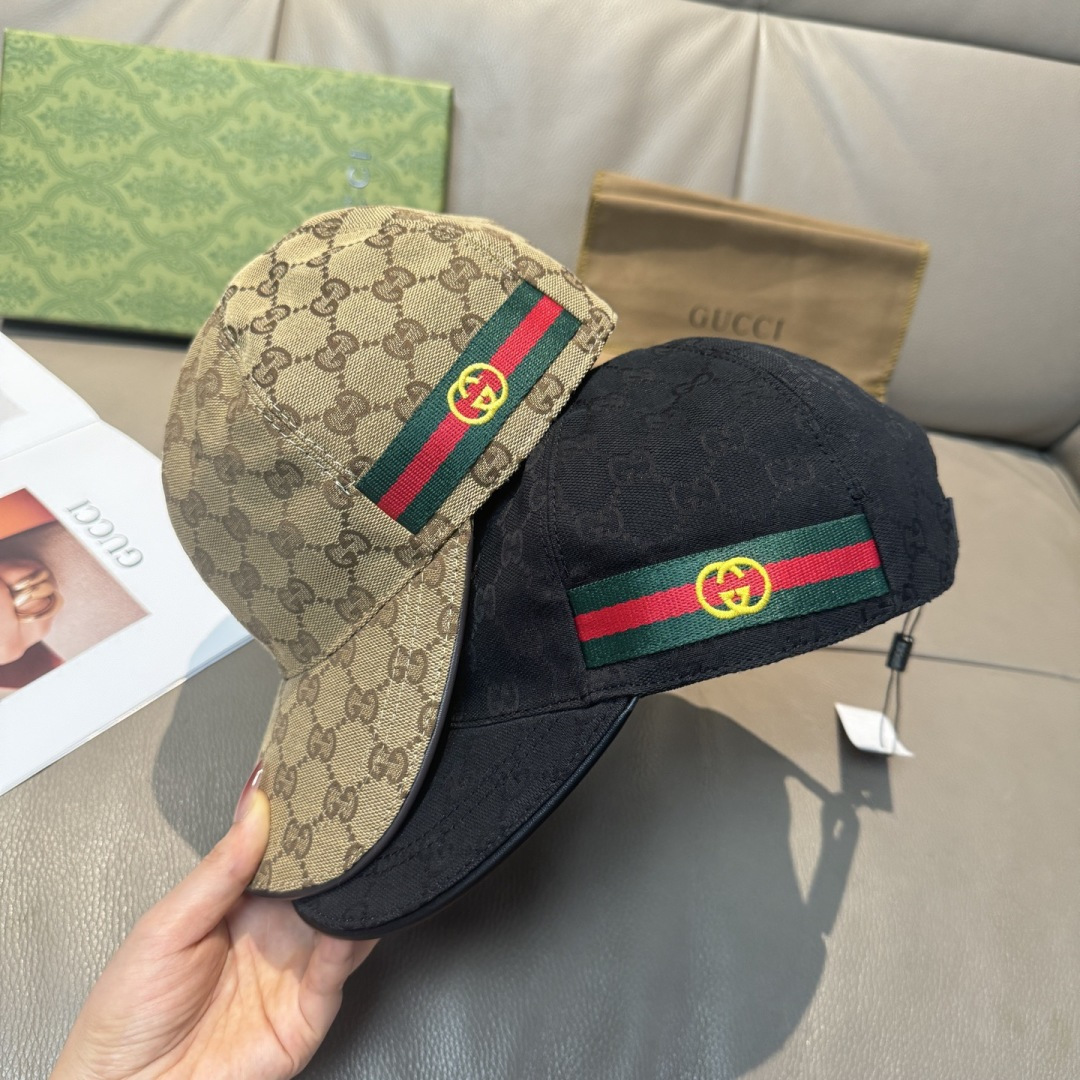 配盒子布袋，Gucci(古奇)春夏新款原单棒球帽， 双G织带，1:1开模订制，原版帆布料+头层牛皮，代购
