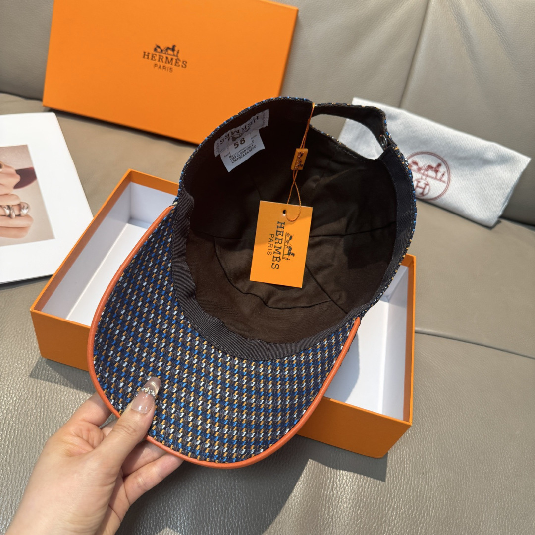配盒子布袋，HERMÈS (爱马仕)原单棒球帽，经典H， 正品开模订制，原版透气帆布面料+头层牛皮，原厂