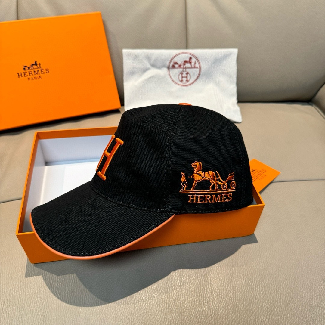 配盒子布袋，HERMÈS (爱马仕)原单棒球帽，经典H，正品开模订制，原版透气帆布面料+头层牛皮，原厂精