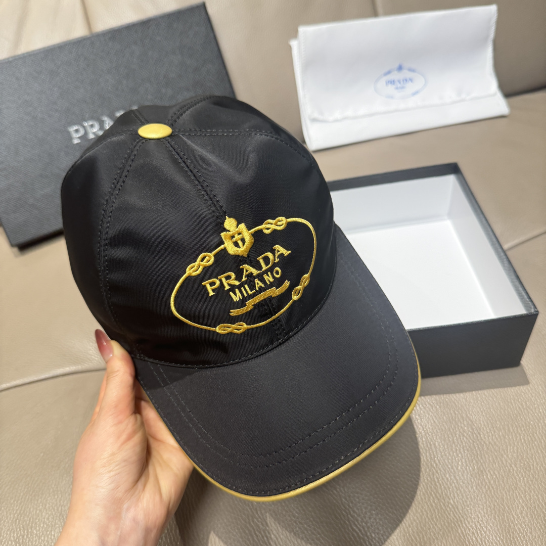 配盒子布袋，Prada(普拉达)新款原单棒球帽， 金丝刺绣，1:1开模订制，原厂金丝线精细刺绣，原版牛津