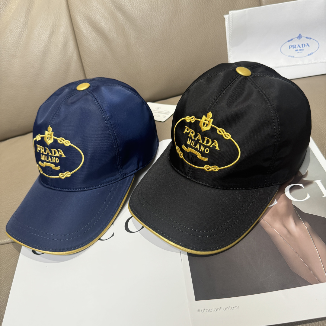 配盒子布袋，Prada(普拉达)新款原单棒球帽， 金丝刺绣，1:1开模订制，原厂金丝线精细刺绣，原版牛津