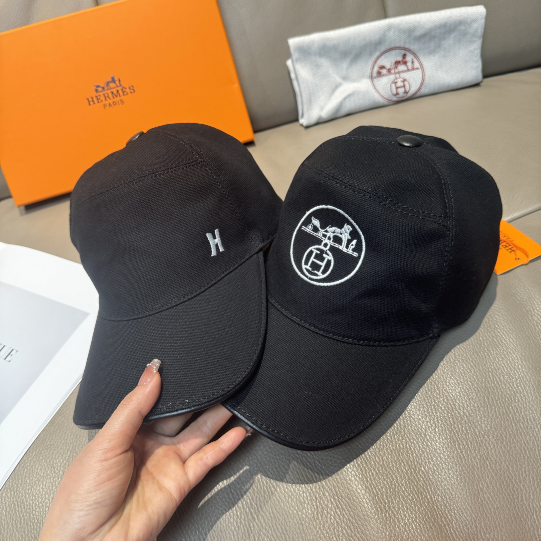 配盒子布袋，HERMÈS (爱马仕)原单棒球帽，经典H， 正品开模订制，原版透气帆布面料+头层牛皮，原厂