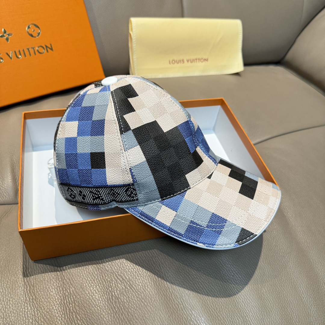 配包装布袋，LV路易威登新款原单棒球帽，七彩棋盘格，1:1开模订制，原版专柜PU皮革+头层牛皮包边，长年