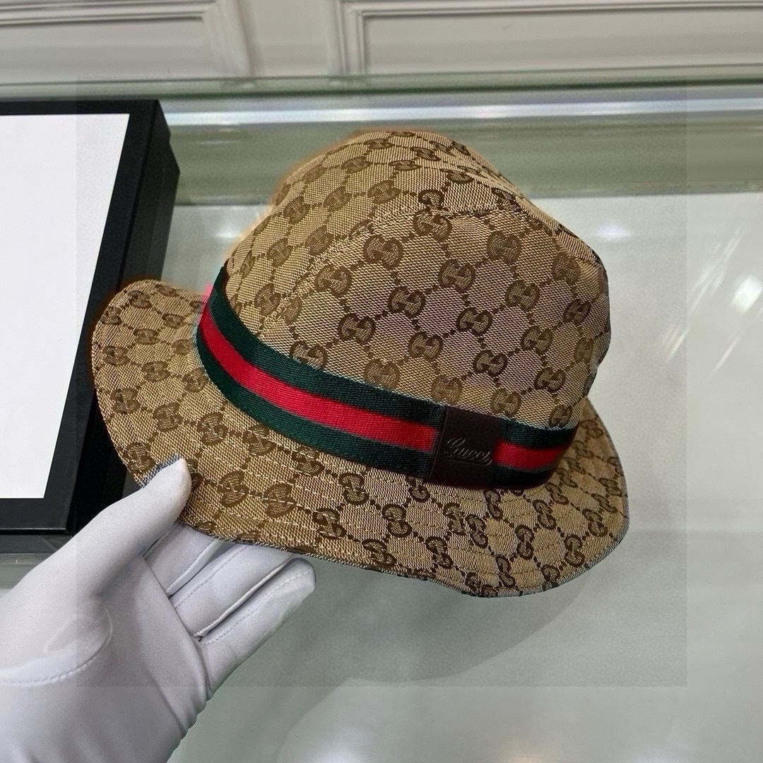 配包装布袋，Guc*i古奇经典款原单渔夫帽， 红绿织带，专柜1:1开模订制，原版帆布料+头层牛皮，轻盈透