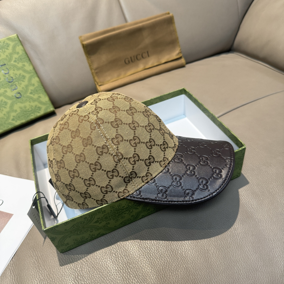 配盒子布袋，Gucci(古奇)经典原单棒球帽，小双G牛皮拼接，1:1开模订制，质量超赞！帽檐头层牛皮压花
