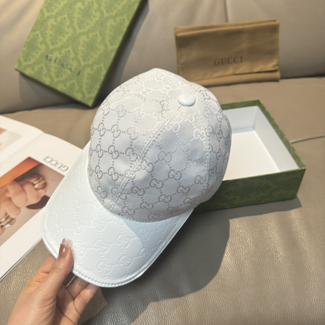 配盒子布袋，Gucci(古奇)经典原单棒球帽，小双G牛皮拼接，1:1开模订制，质量超赞！帽檐头层牛皮压花