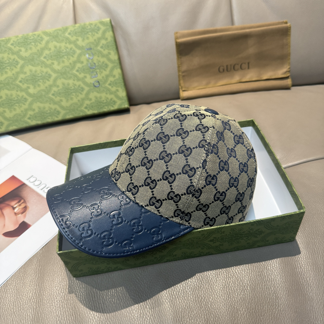 配盒子布袋，Gucci(古奇)经典原单棒球帽，小双G牛皮拼接，1:1开模订制，质量超赞！帽檐头层牛皮压花
