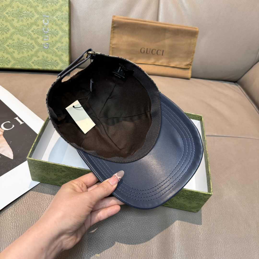 配盒子布袋，Gucci(古奇)新款原单棒球帽，小双G牛皮拼接，1:1开模订制，质量超赞！帽檐拼接牛皮，质