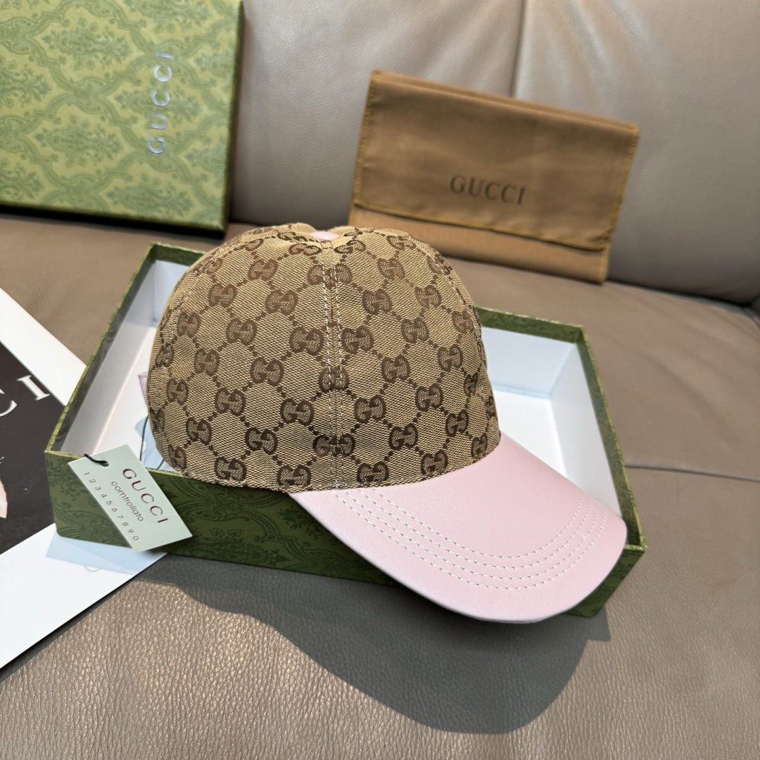配盒子布袋，Gucci(古奇)新款原单棒球帽，小双G牛皮拼接，1:1开模订制，质量超赞！帽檐拼接牛皮，质