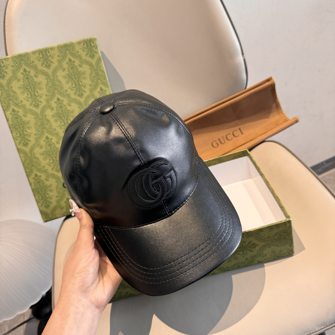 配盒子布袋，Gucci(古奇)新款原单棒球帽，皮革大双G刺绣，1:1开模订制，细节可媲美专柜，原版牛皮，