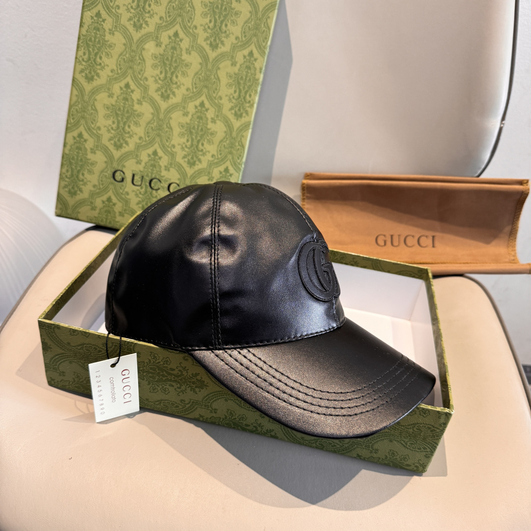 配盒子布袋，Gucci(古奇)新款原单棒球帽，皮革大双G刺绣，1:1开模订制，细节可媲美专柜，原版牛皮，