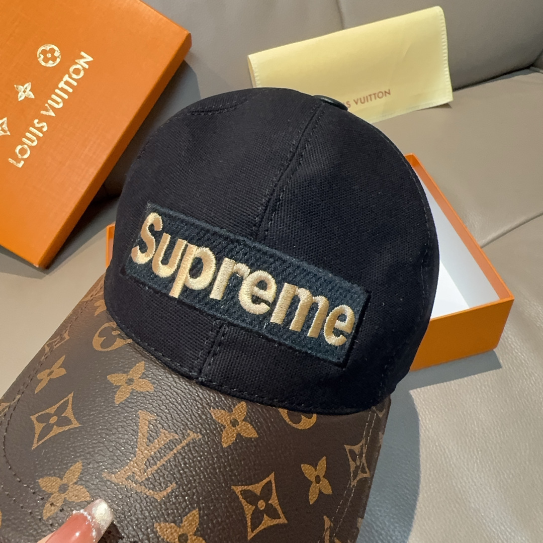 配盒子布袋，LV(路易威登)新款原单棒球帽，老花拼接，1:1开模订制，原版帆布面料+专柜老花皮，重工刺绣