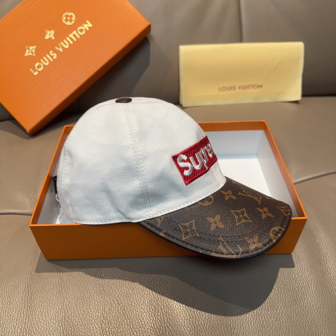 配盒子布袋，LV(路易威登)新款原单棒球帽，老花拼接，1:1开模订制，原版帆布面料+专柜老花皮，重工刺绣