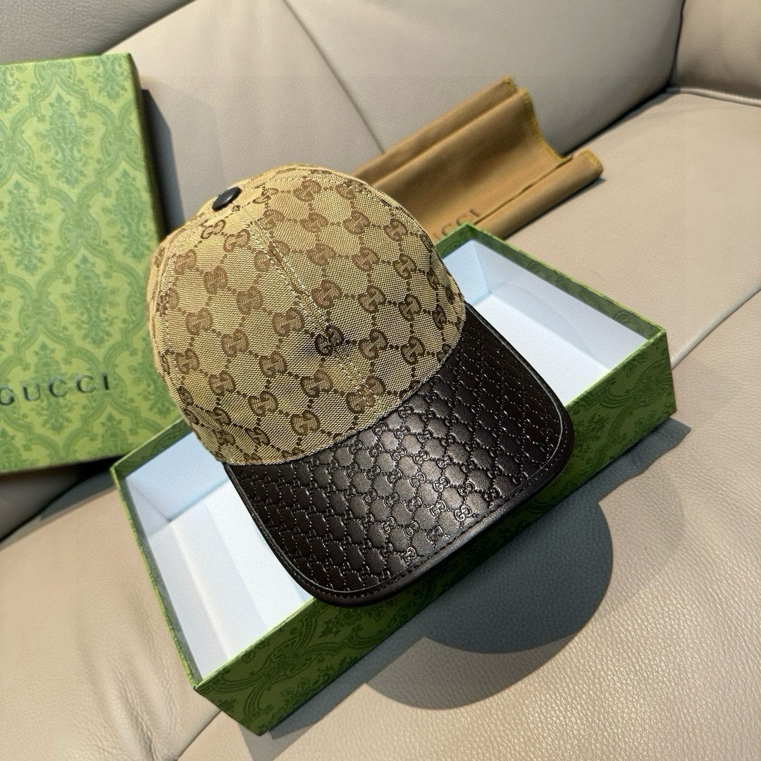 配盒子布袋，Gucci(古奇)经典原单棒球帽，小双G牛皮拼接，1:1开模订制，质量超赞！帽檐头层牛皮压花