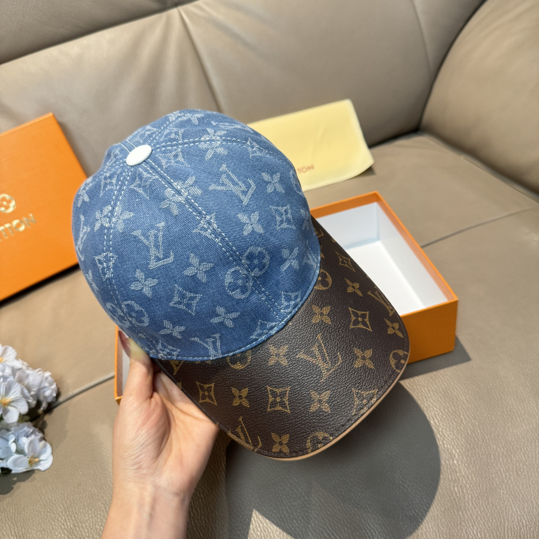 配盒子布袋，LV(路易威登)新款原单棒球帽，老花拼接，1:1开模订制，原版牛仔布料+专柜老花皮，做工细致