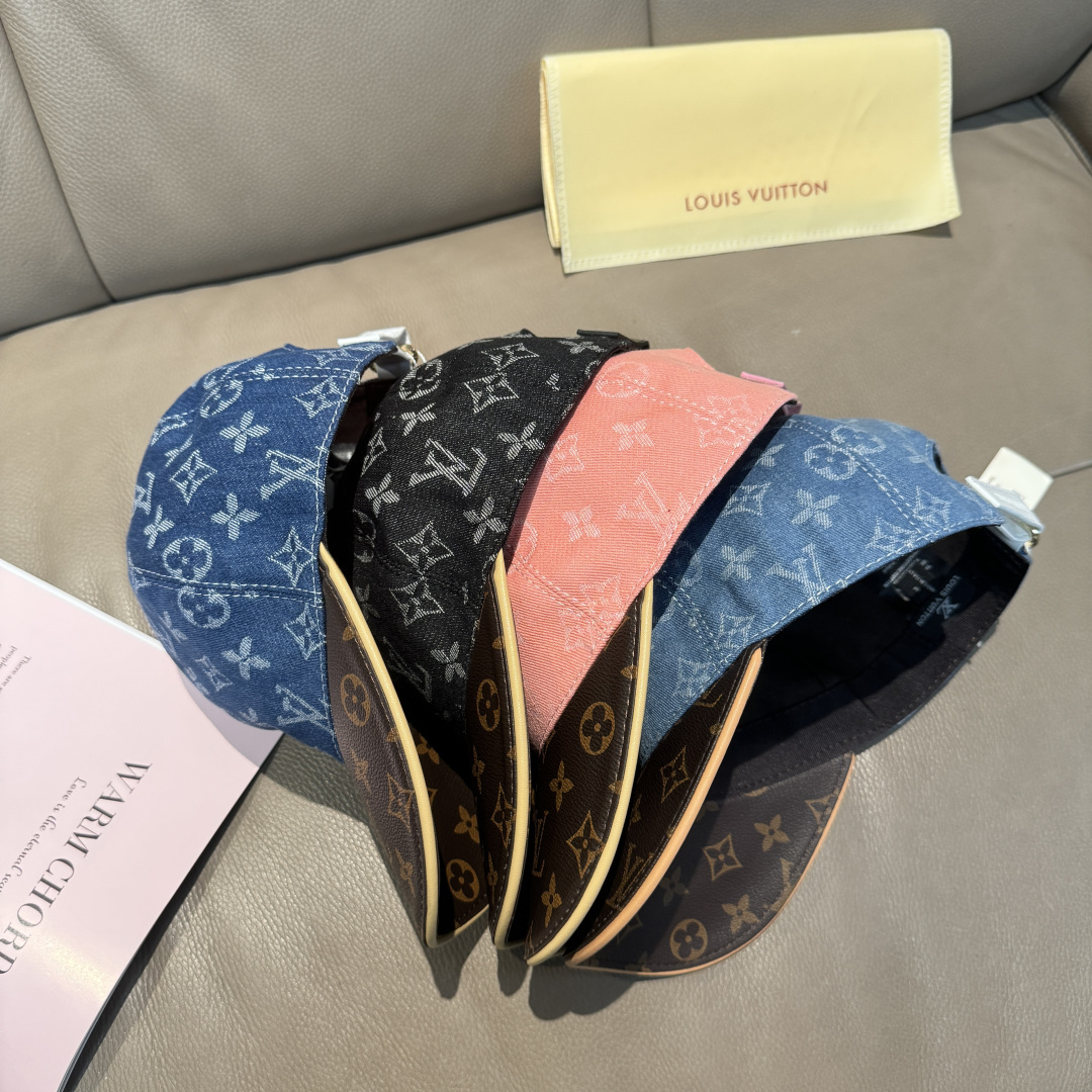 配盒子布袋，LV(路易威登)新款原单棒球帽，老花拼接，1:1开模订制，原版牛仔布料+专柜老花皮，做工细致