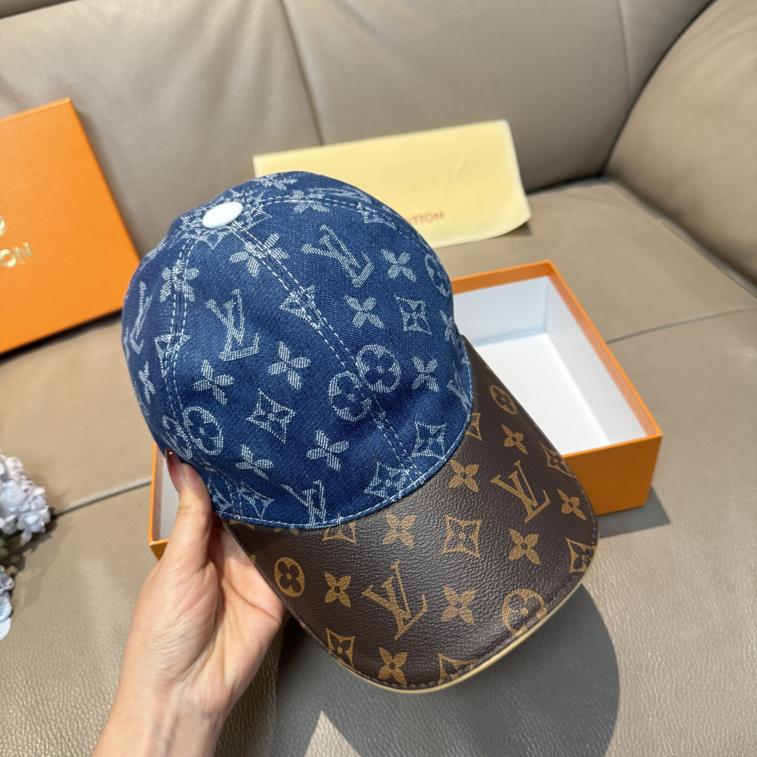 配盒子布袋，LV(路易威登)新款原单棒球帽，老花拼接，1:1开模订制，原版牛仔布料+专柜老花皮，做工细致