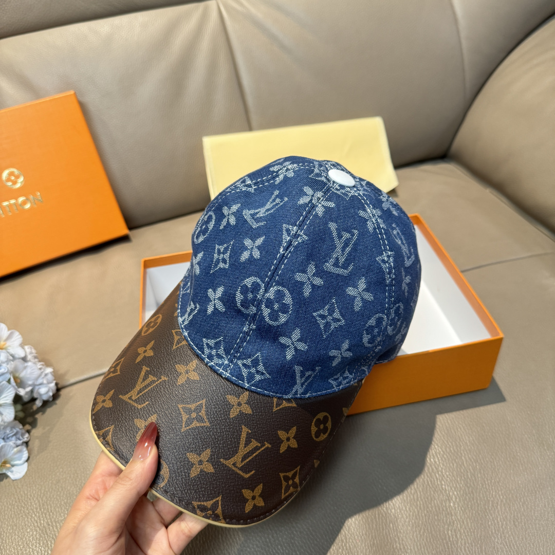 配盒子布袋，LV(路易威登)新款原单棒球帽，老花拼接，1:1开模订制，原版牛仔布料+专柜老花皮，做工细致
