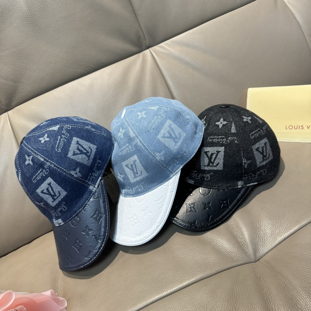 配盒子布袋，LV(路易威登)新款原单棒球帽，牛皮压花，1:1开模订制，原版牛仔布料，做工细致完美，质量超