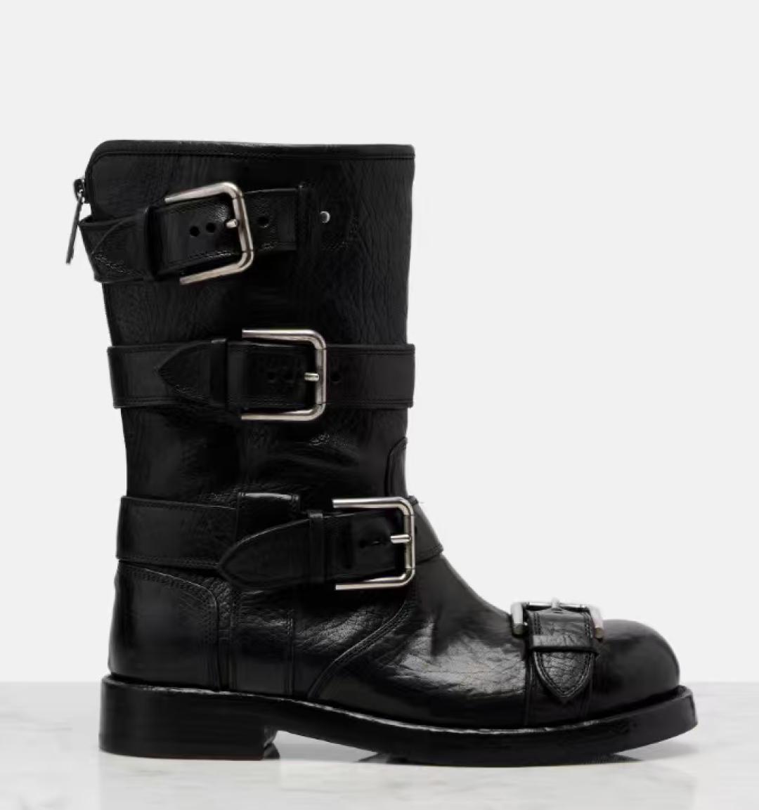 Women's Ankle Boots with Buckle Strap, Round Toe, Cowhide Leather, Black