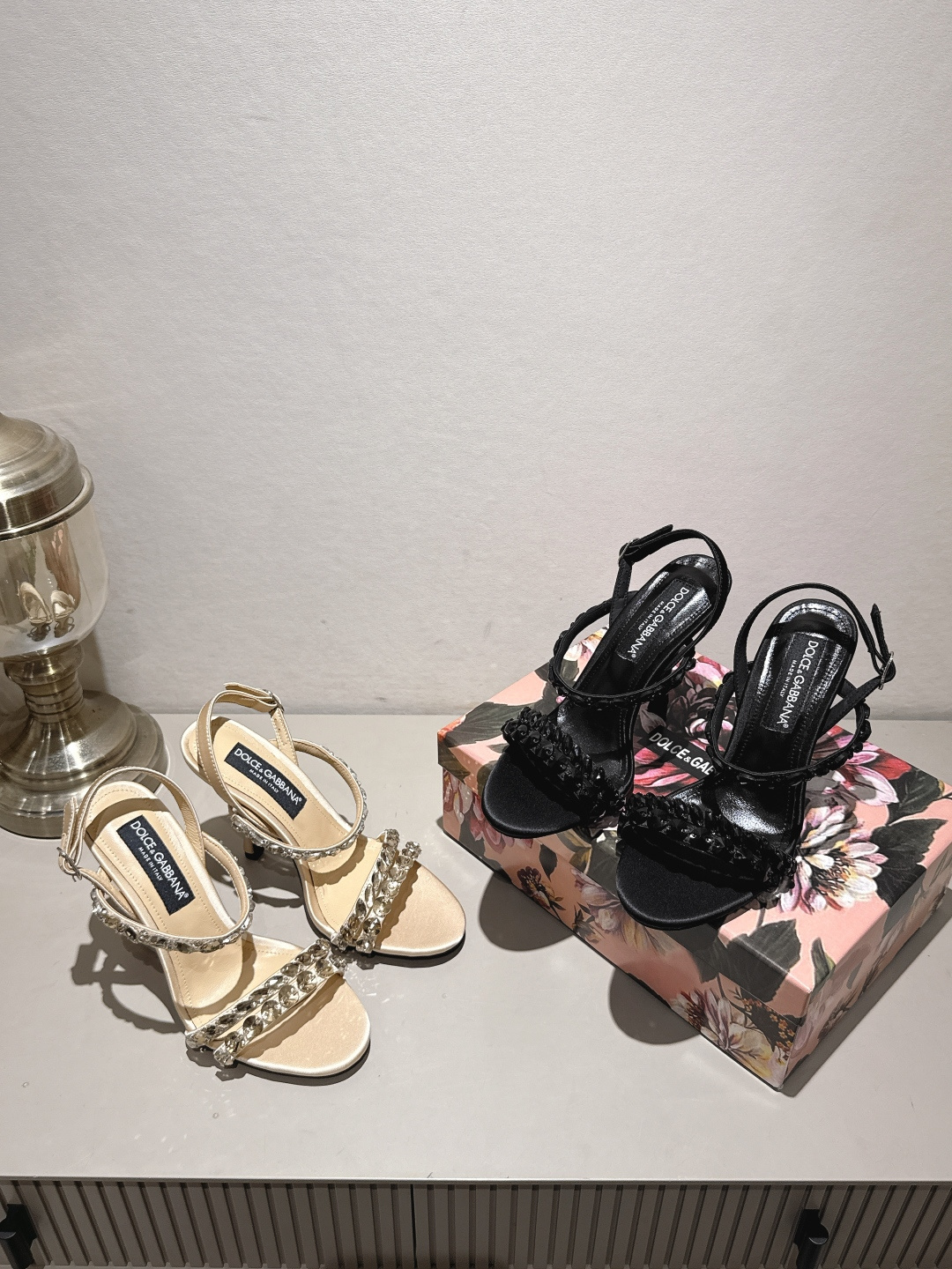 D&G Black Satin Ruffle Ankle Strap Block Heels