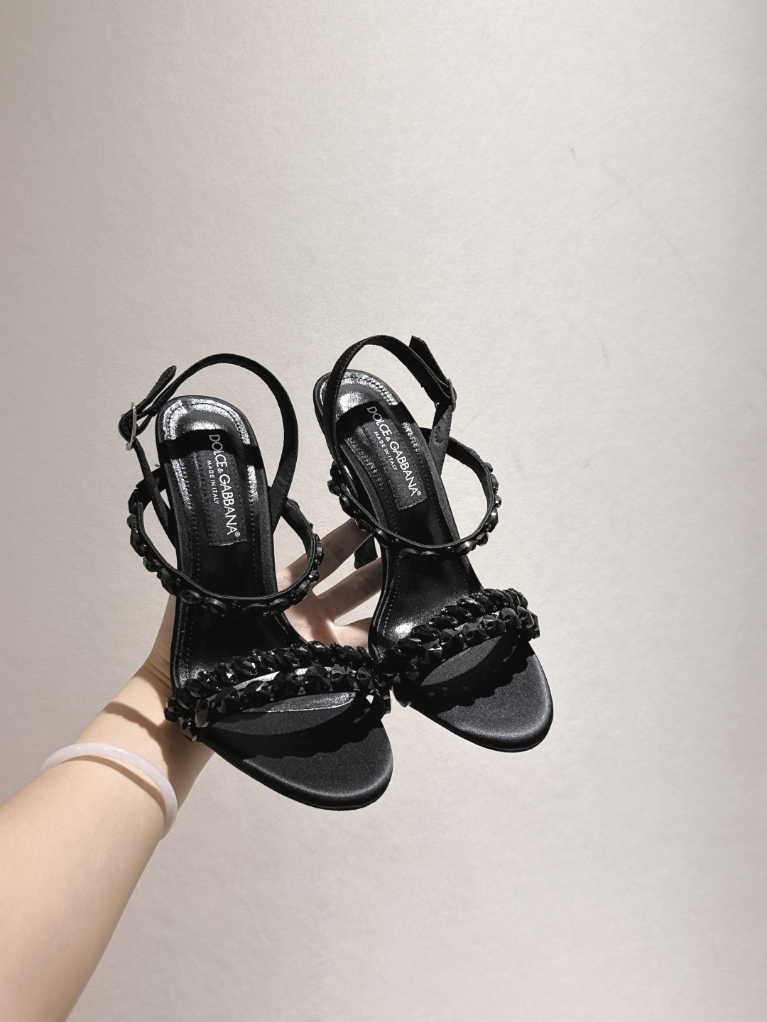 D&G Black Satin Ruffle Ankle Strap Block Heels