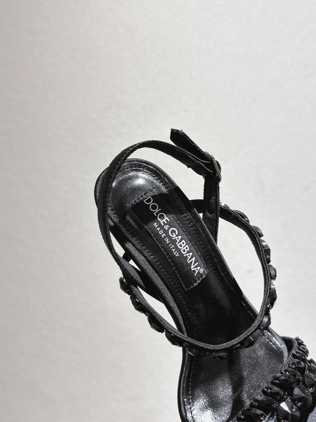 D&G Black Satin Ruffle Ankle Strap Block Heels