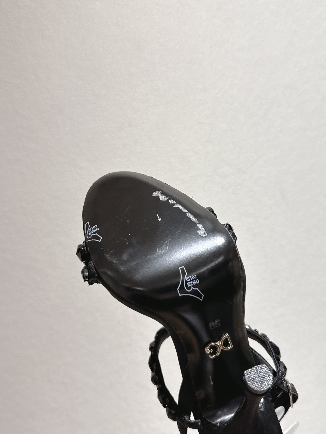 D&G Black Satin Ruffle Ankle Strap Block Heels