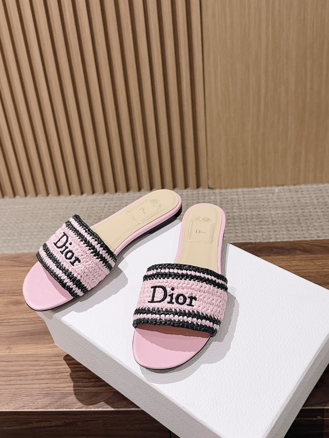 Dior Striped Woven Logo Flat Slide Sandals