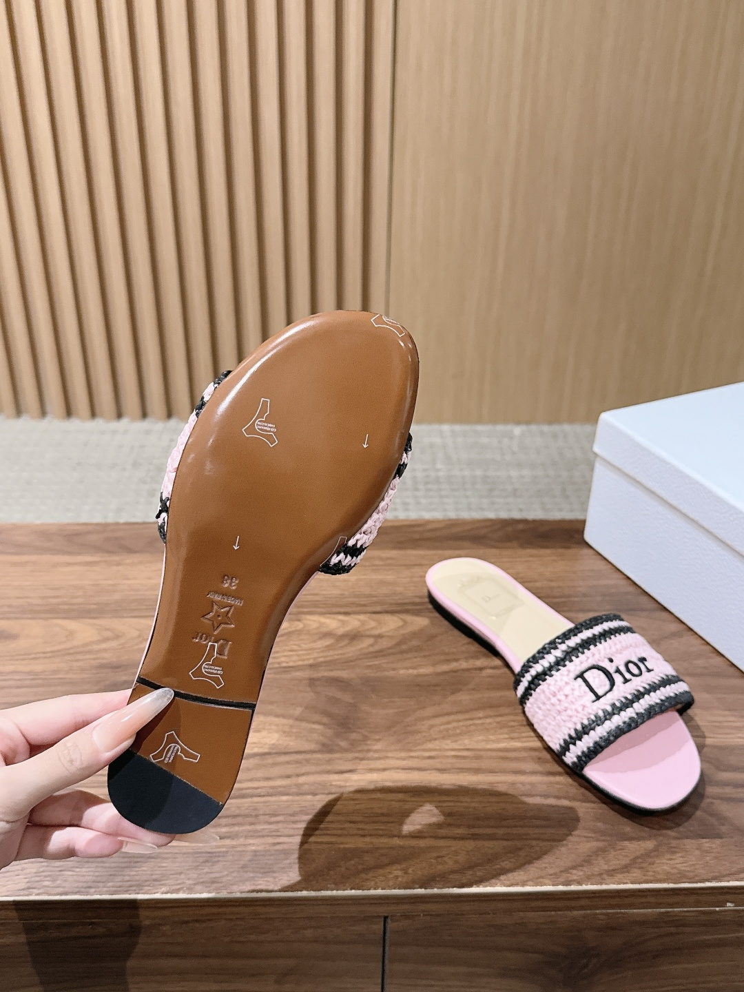 Dior Striped Woven Logo Flat Slide Sandals