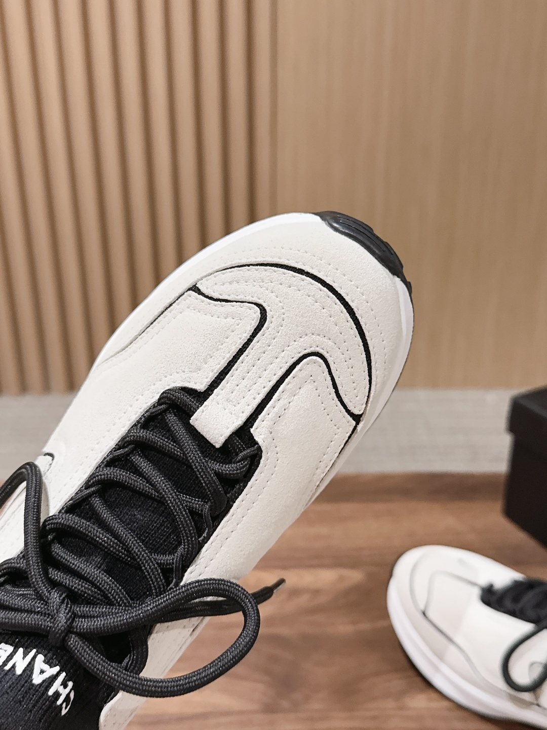 CHANEL Leather Knit Lace-Up Sneakers