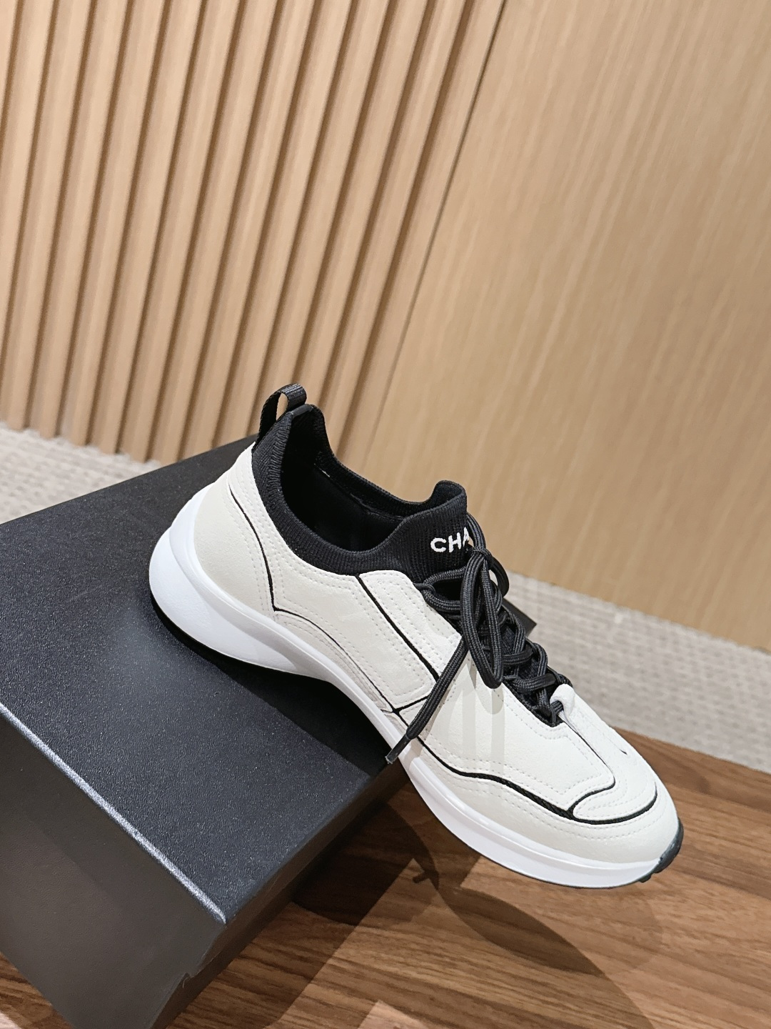 CHANEL Leather Knit Lace-Up Sneakers