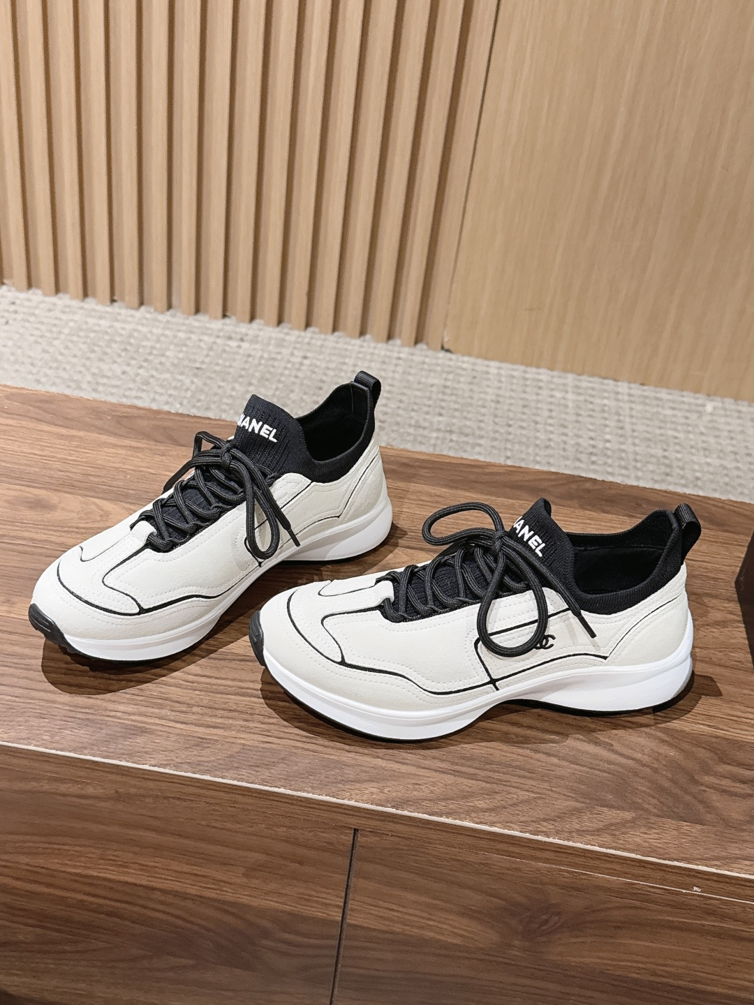 CHANEL Leather Knit Lace-Up Sneakers