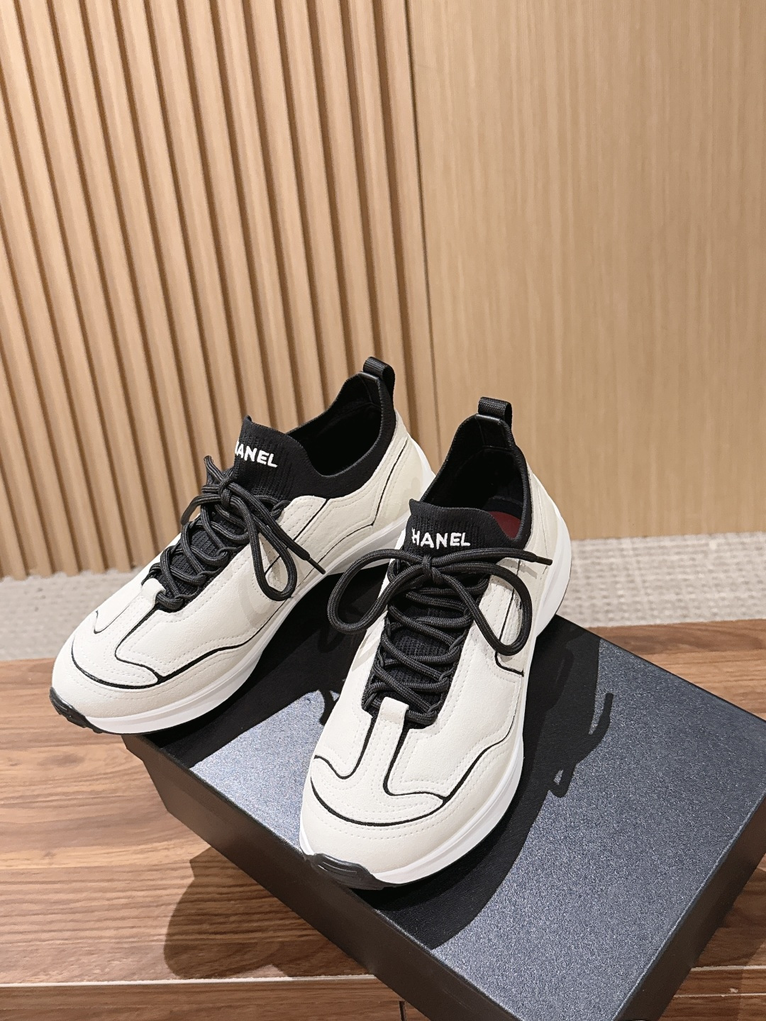 CHANEL Leather Knit Lace-Up Sneakers