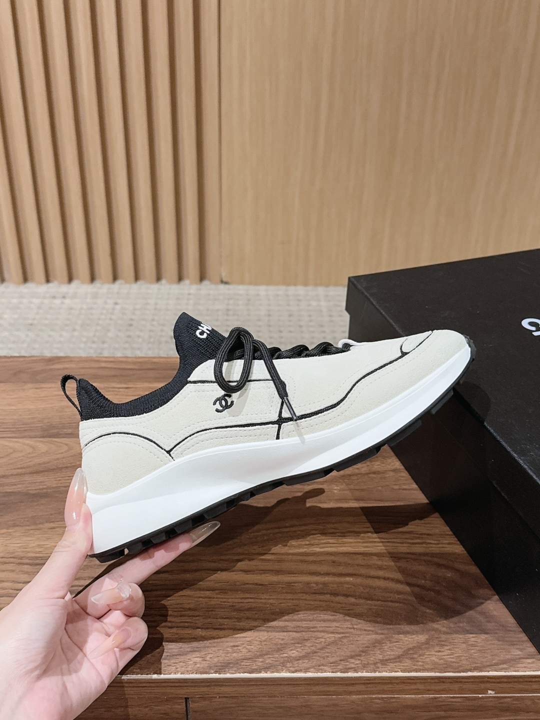CHANEL Leather Knit Lace-Up Sneakers
