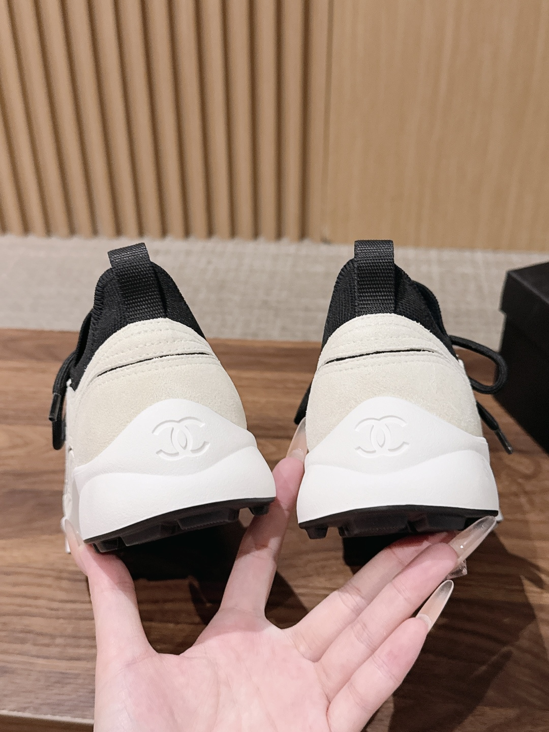 CHANEL Leather Knit Lace-Up Sneakers