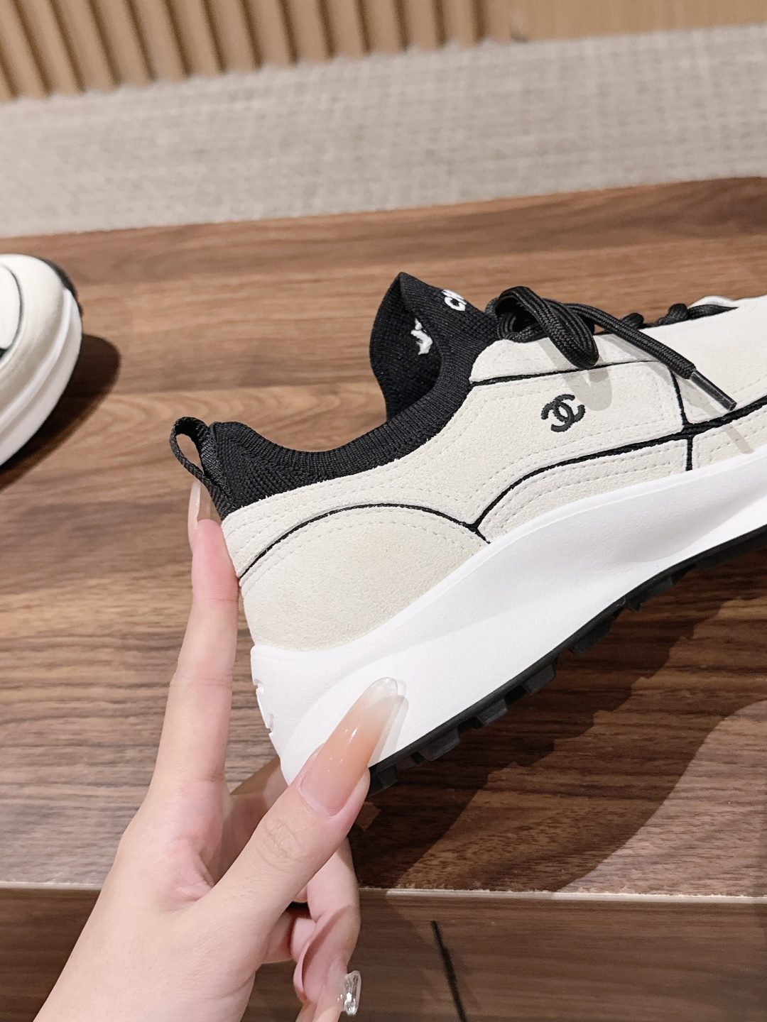 CHANEL Leather Knit Lace-Up Sneakers