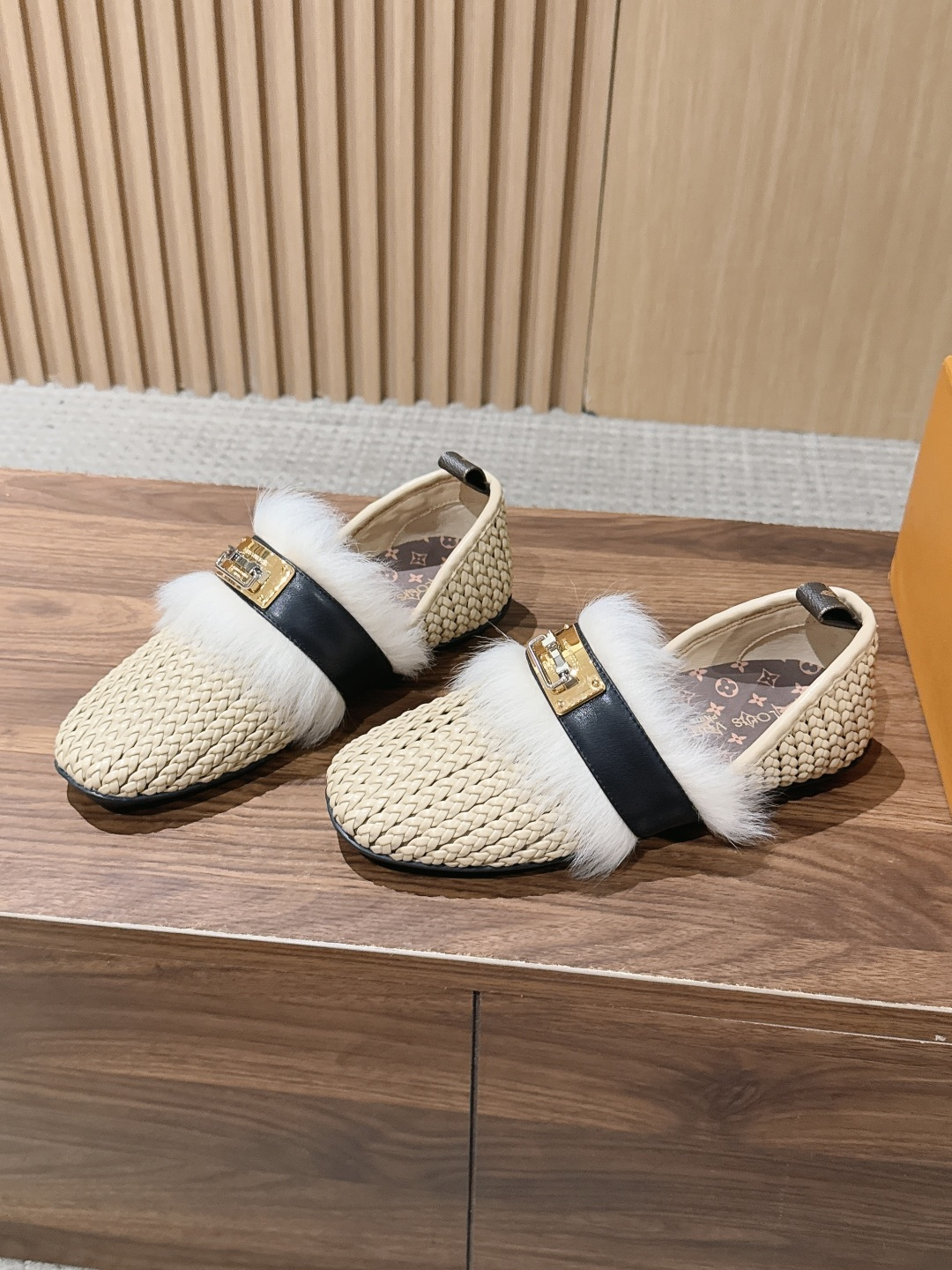 LV Beige Woven Fur Trim Lock Buckle Flat Loafers