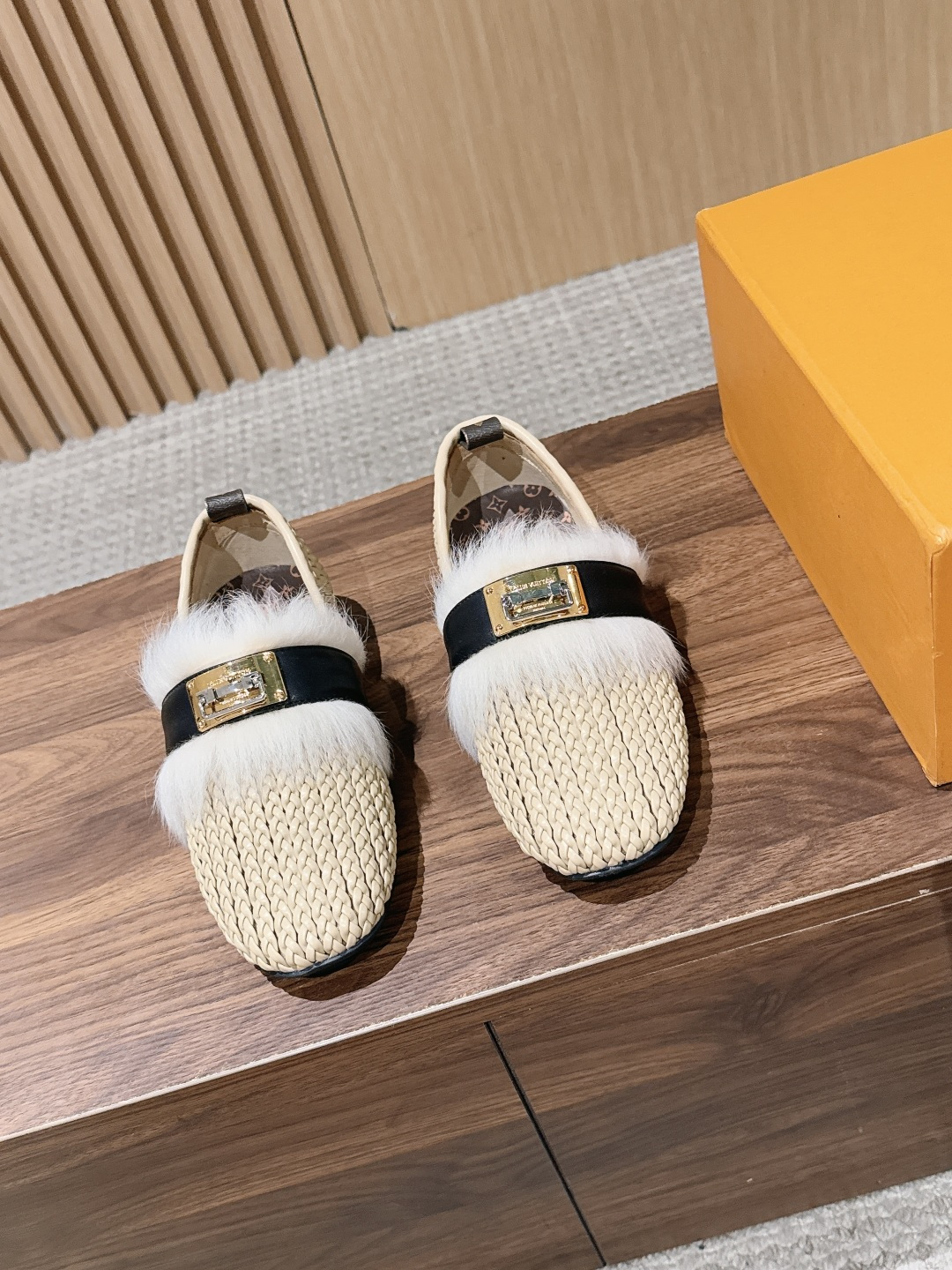 LV Beige Woven Fur Trim Lock Buckle Flat Loafers