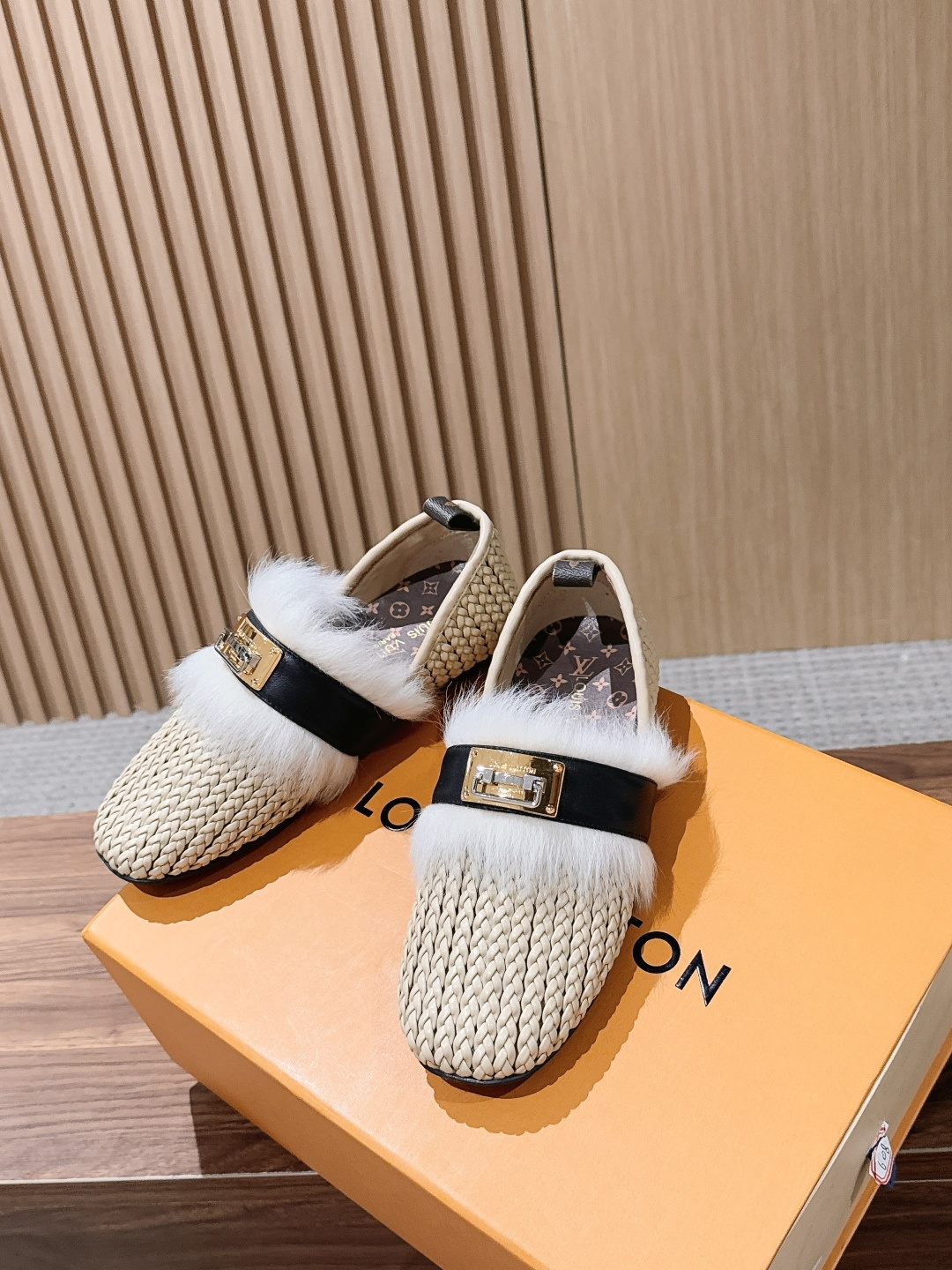LV Beige Woven Fur Trim Lock Buckle Flat Loafers