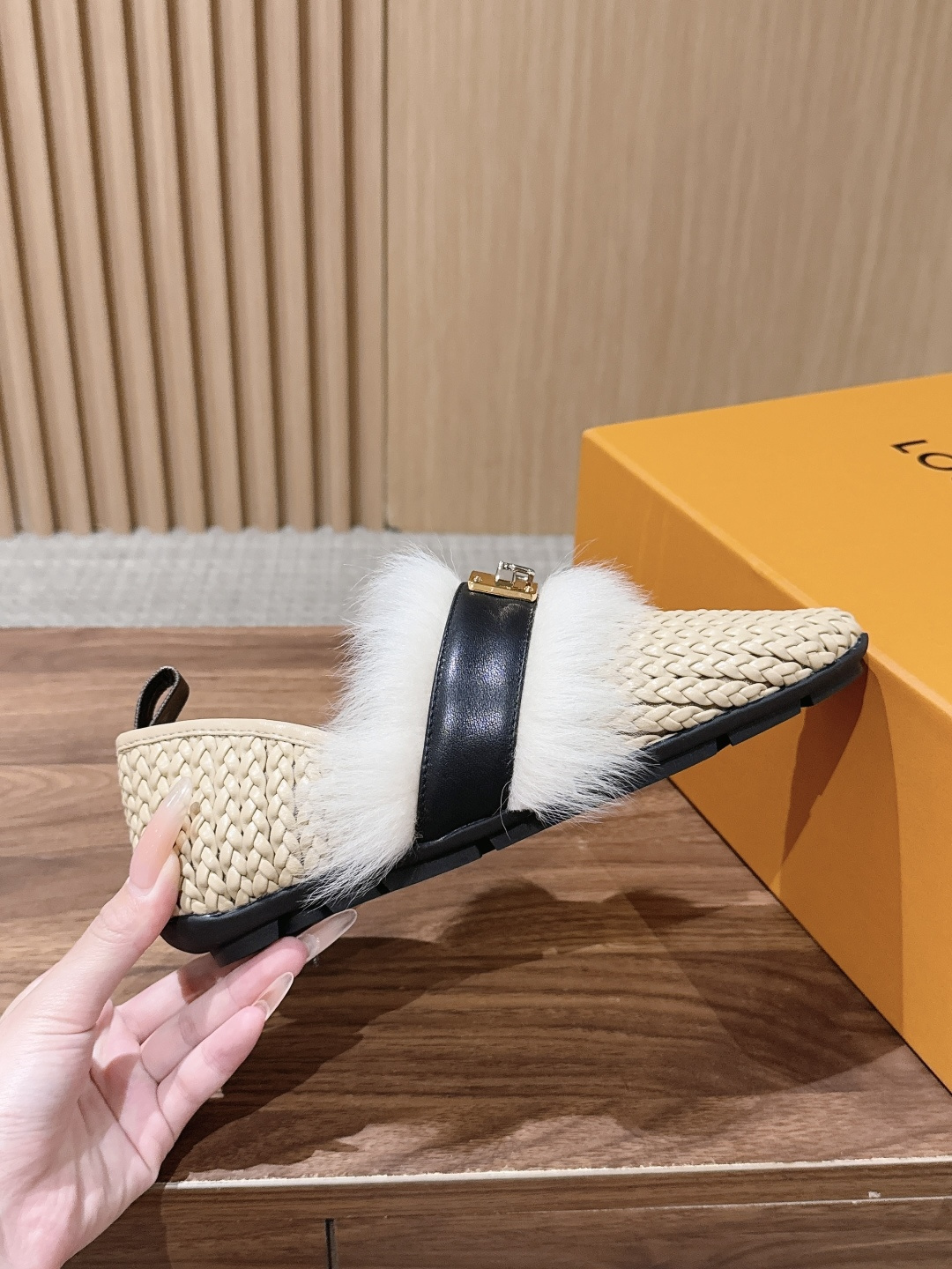 LV Beige Woven Fur Trim Lock Buckle Flat Loafers