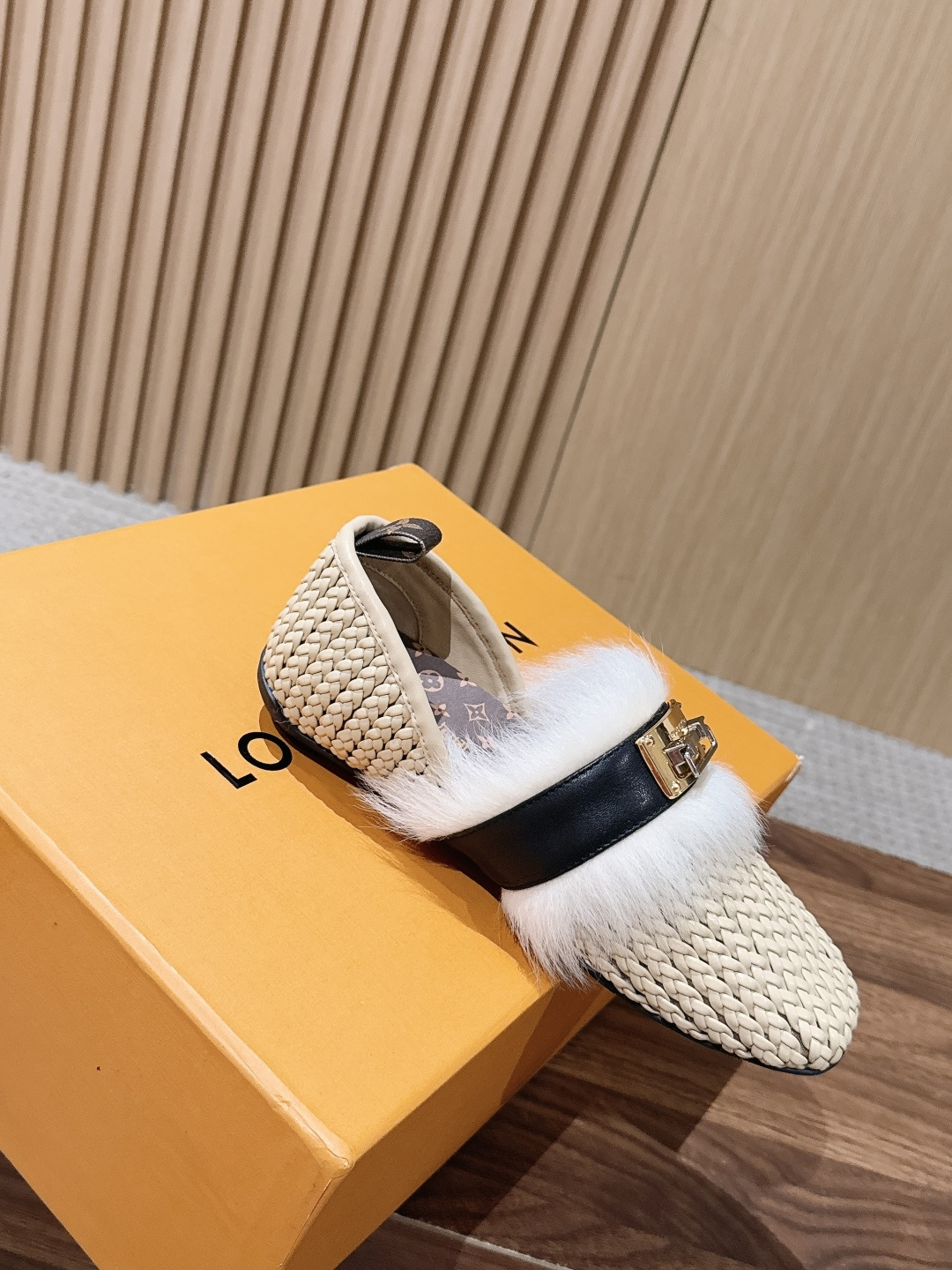 LV Beige Woven Fur Trim Lock Buckle Flat Loafers