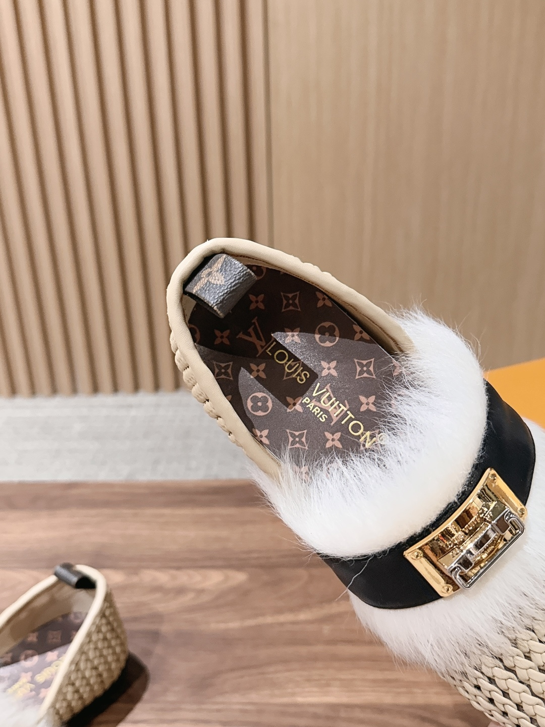 LV Beige Woven Fur Trim Lock Buckle Flat Loafers