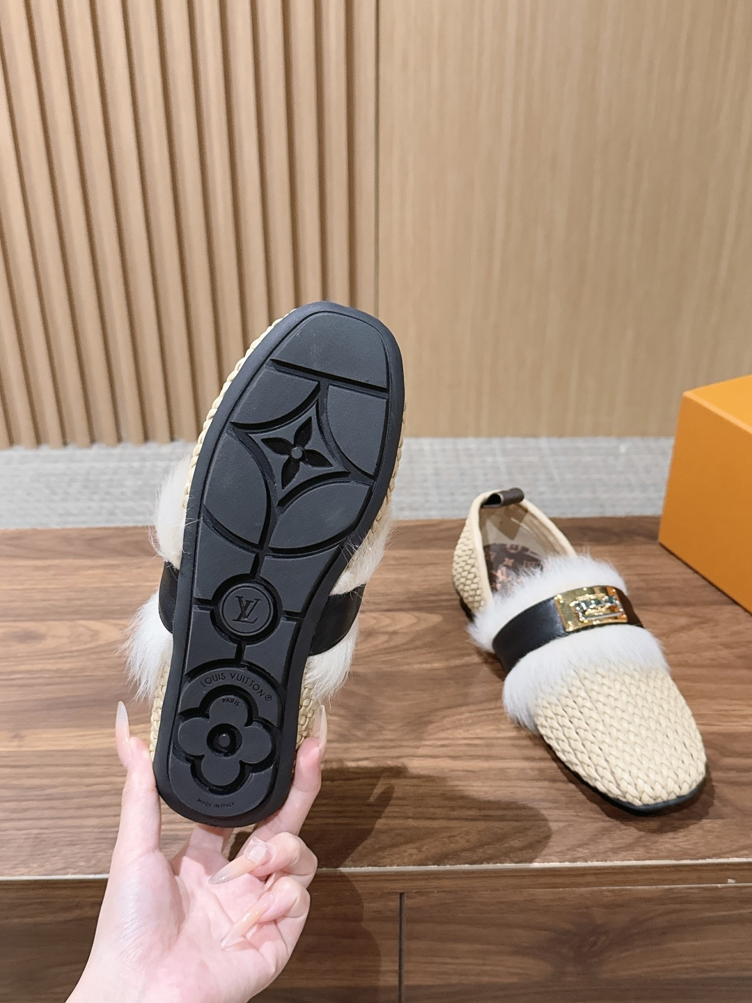 LV Beige Woven Fur Trim Lock Buckle Flat Loafers