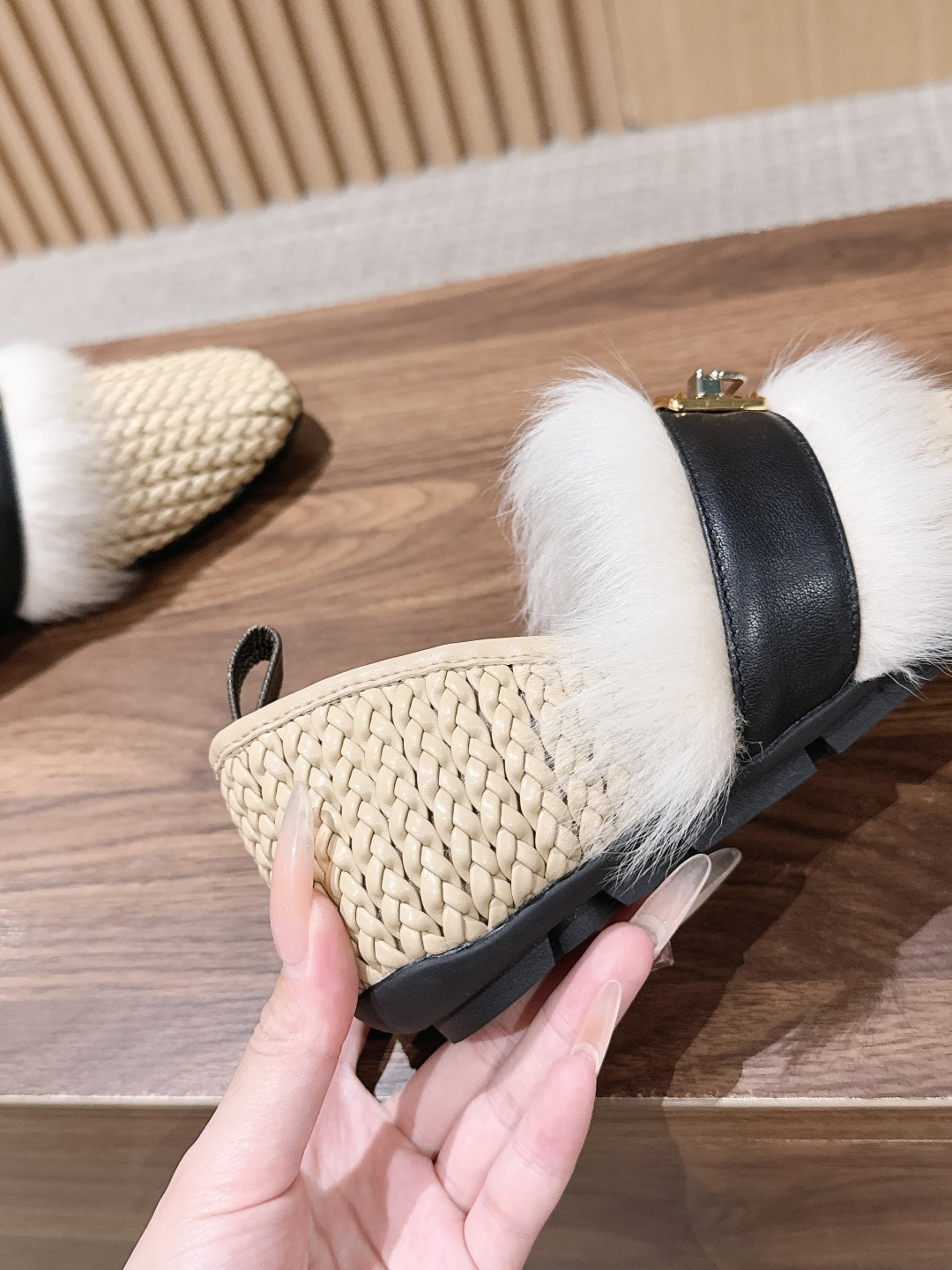 LV Beige Woven Fur Trim Lock Buckle Flat Loafers