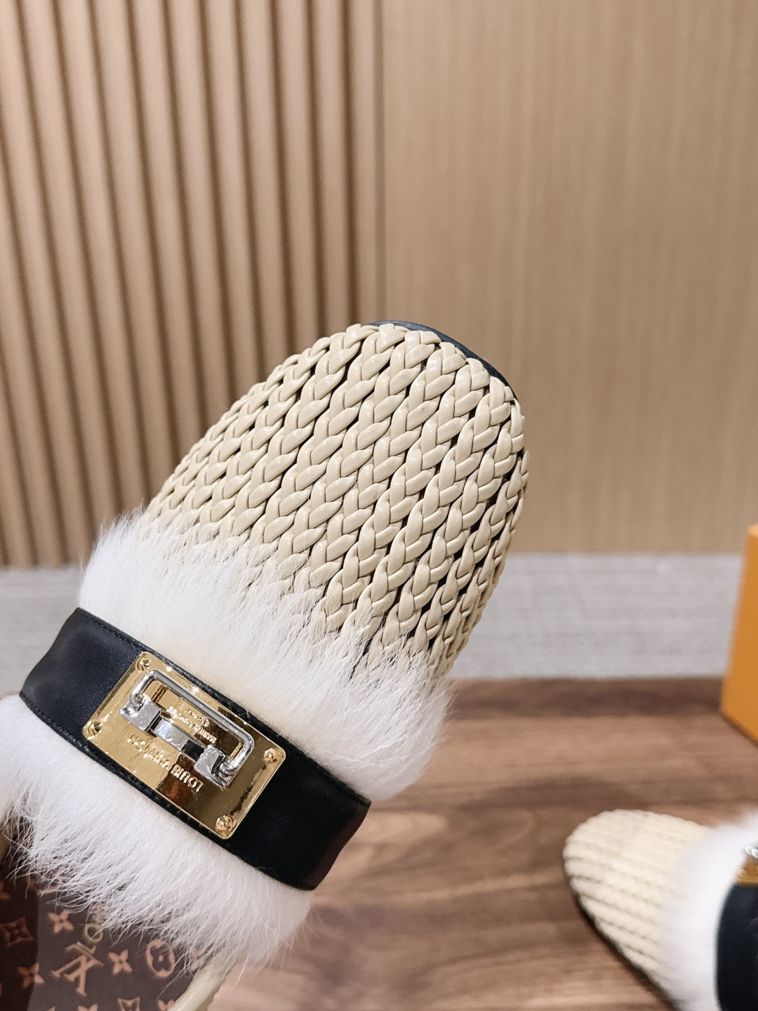 LV Beige Woven Fur Trim Lock Buckle Flat Loafers
