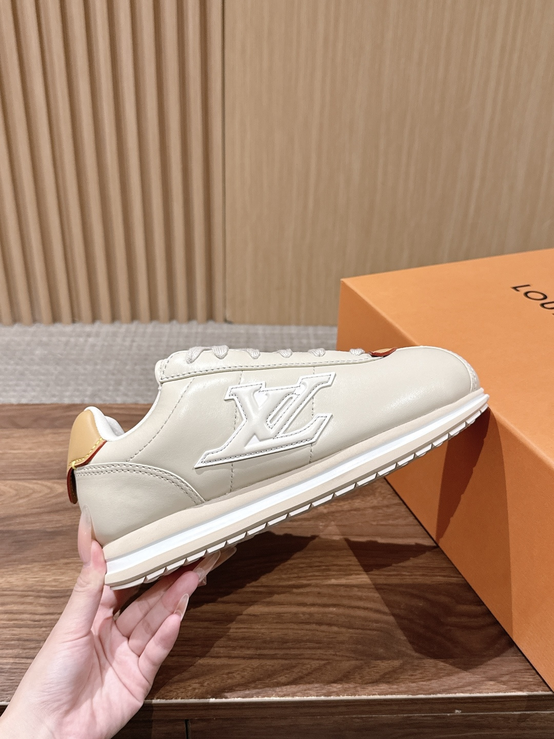 LV Off White Leather Toe Patch Lace-Up Sneakers
