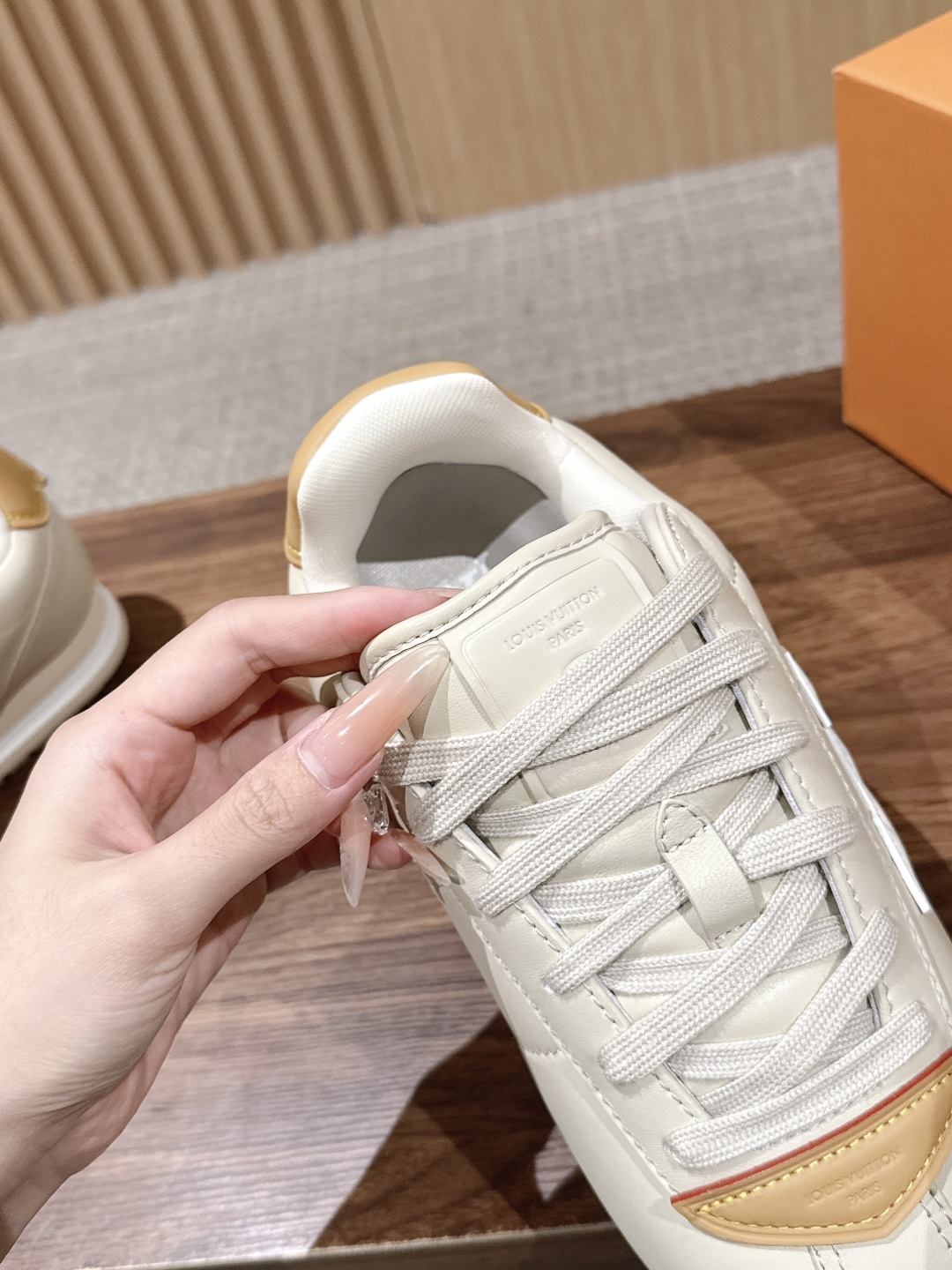 LV Off White Leather Toe Patch Lace-Up Sneakers